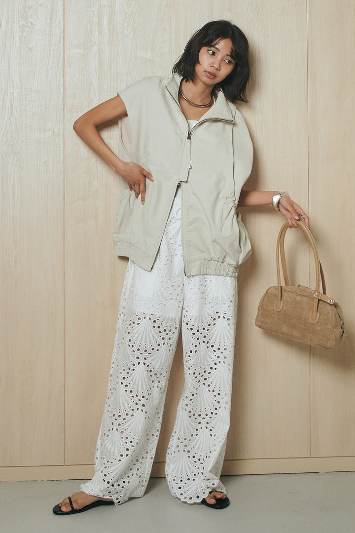 [SET]ショルダー切替スタンドネックジップベスト+レース刺繍リラックスパンツ(2set)