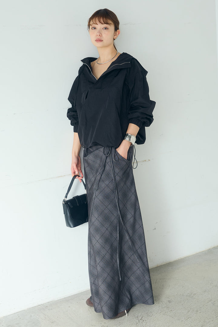 [SET]ナイロンフーディーブルゾンアウター+タータンチェック柄フロントデザインスカート(2set)