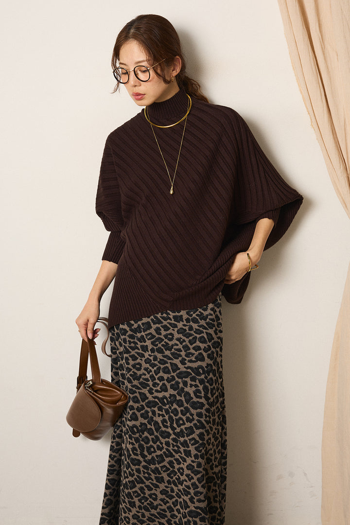 [SET]アシメデザインリブポンチョニットトップス+レオパードロングスカート(2set)
