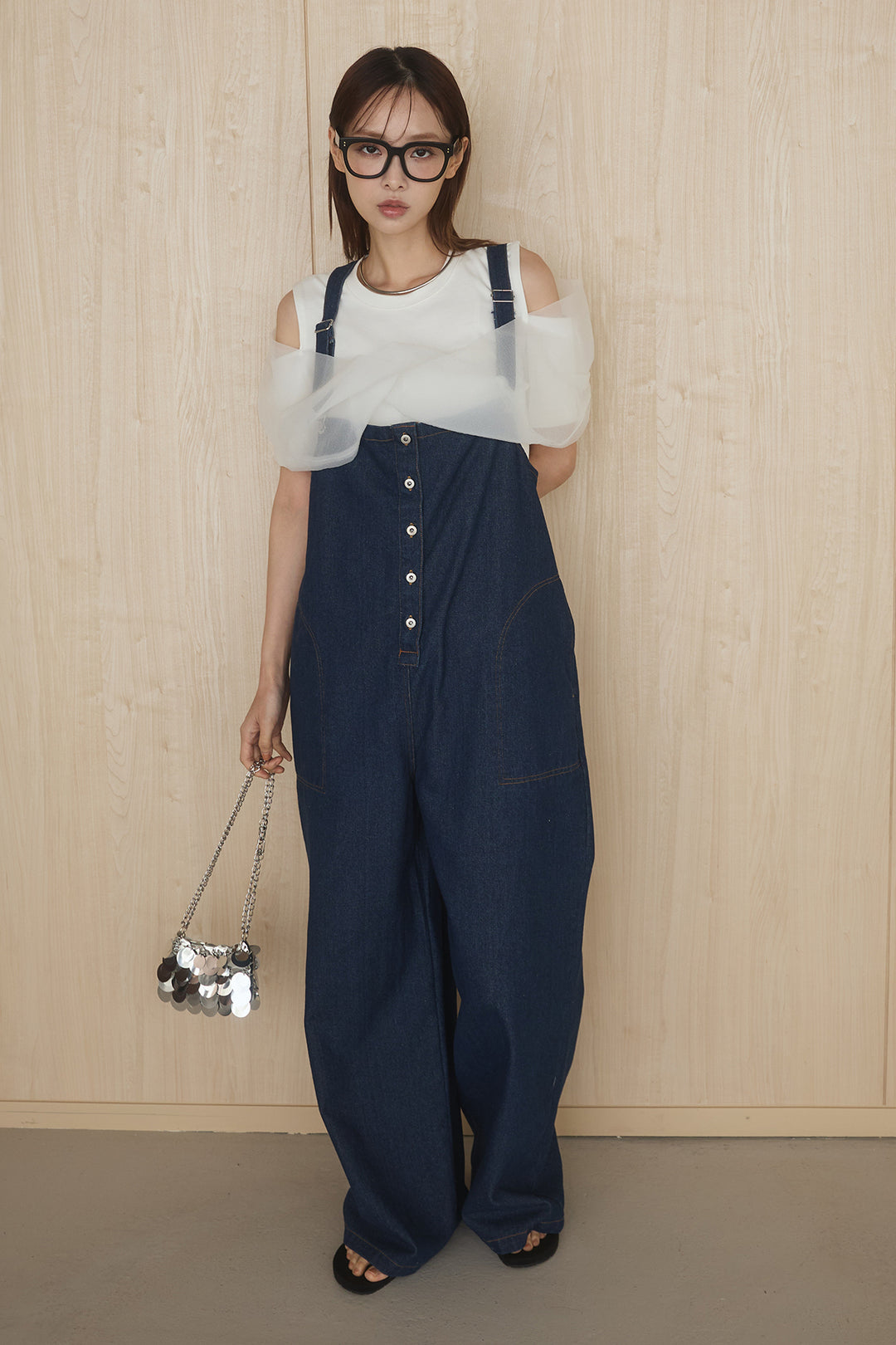 [SET]シアーレイヤーデザインカットソー+フロントボタンデニムサロペット(2set)