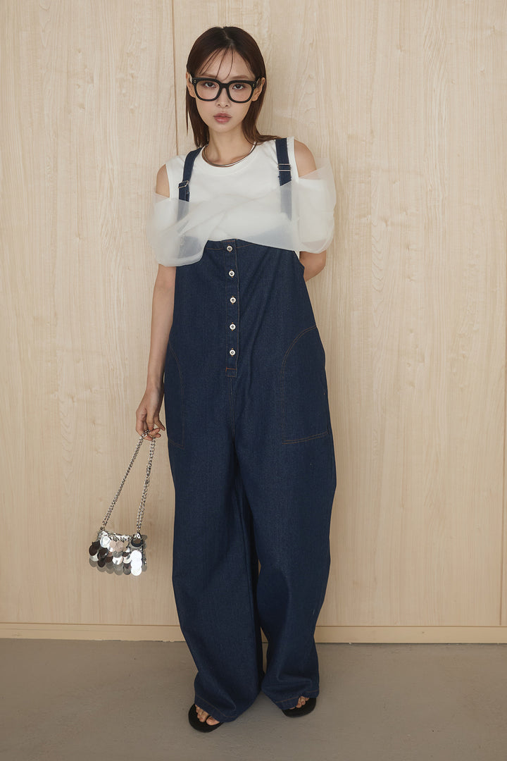 [SET]シアーレイヤーデザインカットソー+フロントボタンデニムサロペット(2set)