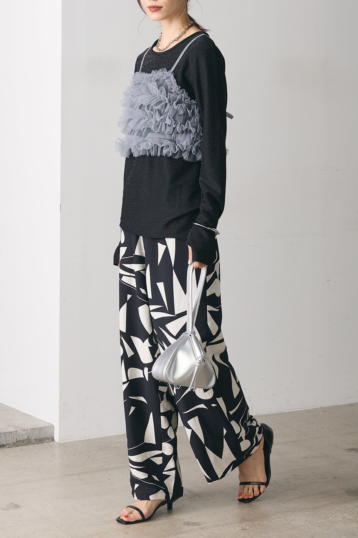 SET]マルチWAYチュールビスチェ付きラメトップス+リネンタッチキカ柄