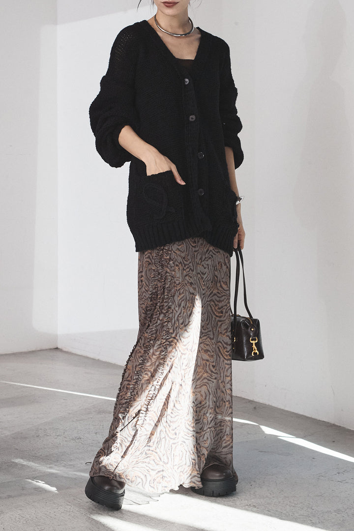 [SET]コード刺繍リラックスニットカーディガン+抽象柄ロングスカート(2set)