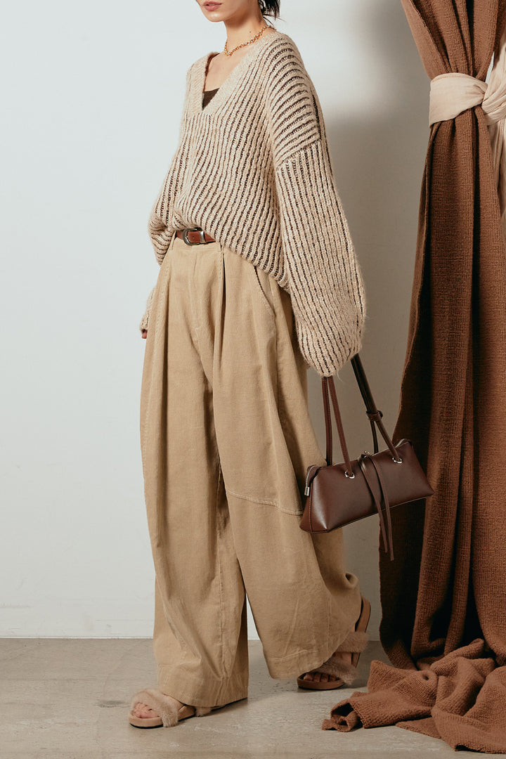 [SET]アルパカタッチ深Vニットトップス+タック入りコーデュロイワイドパンツ(2set)