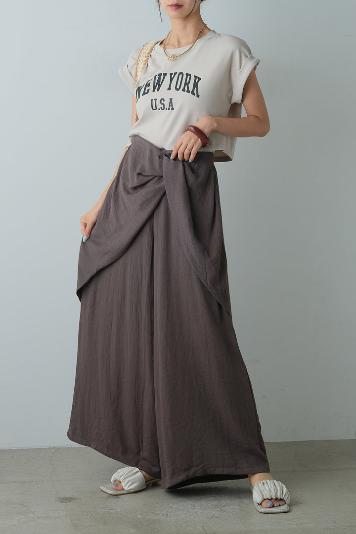 [SET]ショート丈NEWYORKロゴTシャツ+ねじりデザインワイドパンツ(2set)
