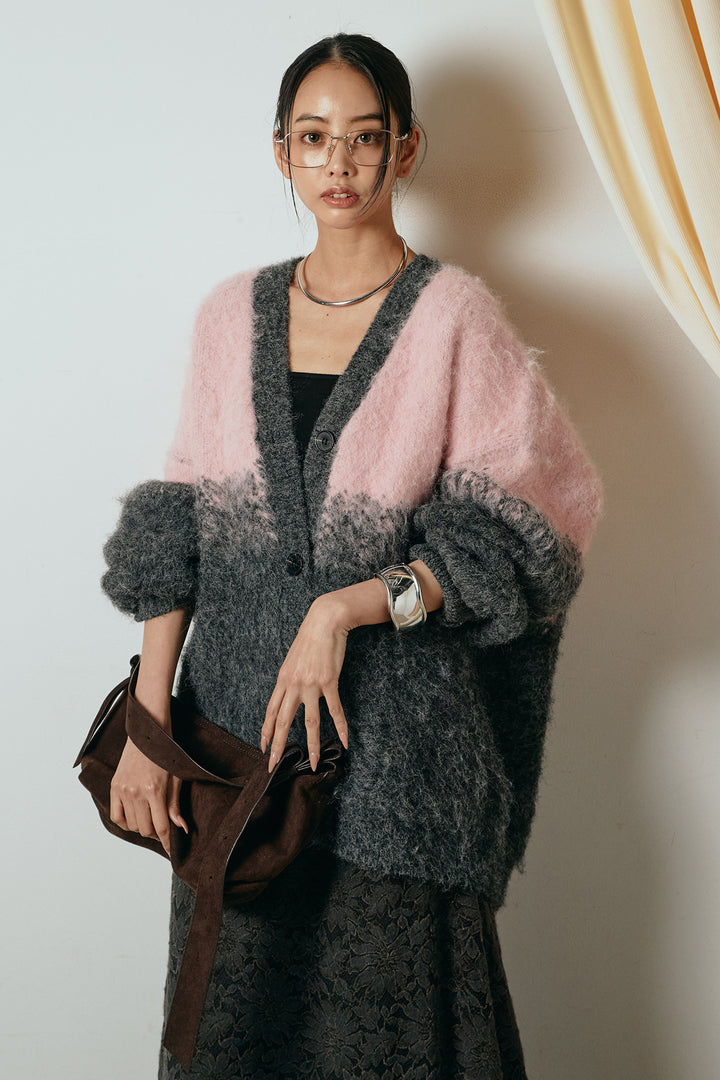 [SET]起毛グラデーションニットカーディガン+花柄刺繍ベロアフレアスカート(2set)