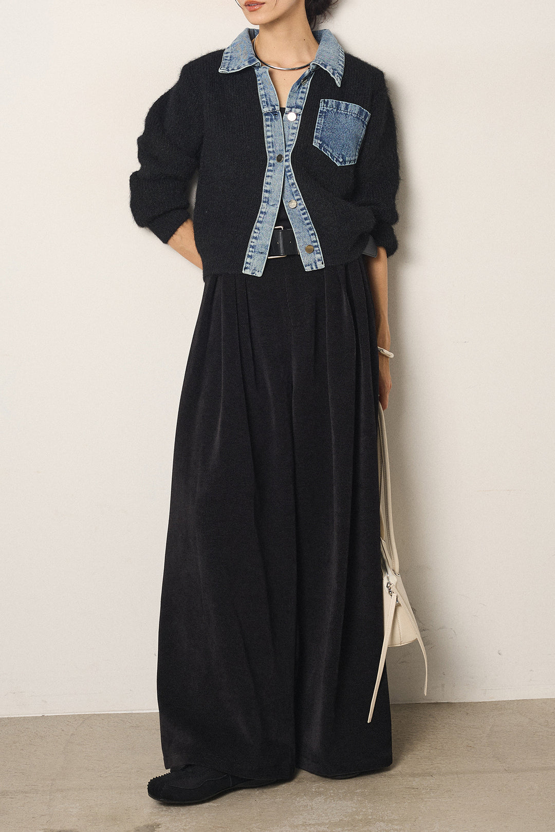 [SET]襟付きデニム切替ニットカーディガン+ベルトループコーデュロイワイドパンツ(2set)