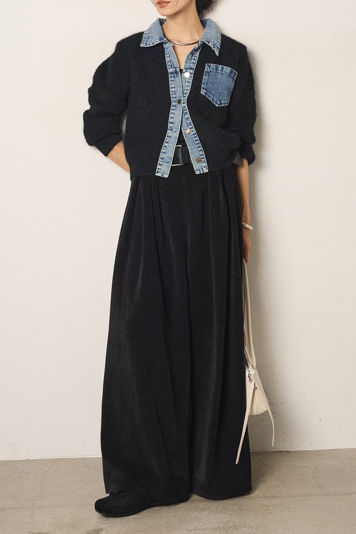 [SET]襟付きデニム切替ニットカーディガン+ベルトループコーデュロイワイドパンツ(2set)