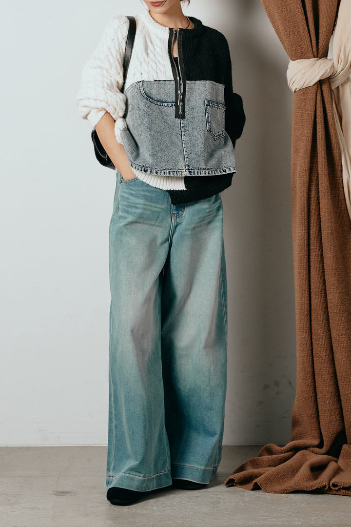 [SET]ハーフジップニットデニムドッキングトップス+ウエストダブルボタンワイドデニムパンツ(2set)