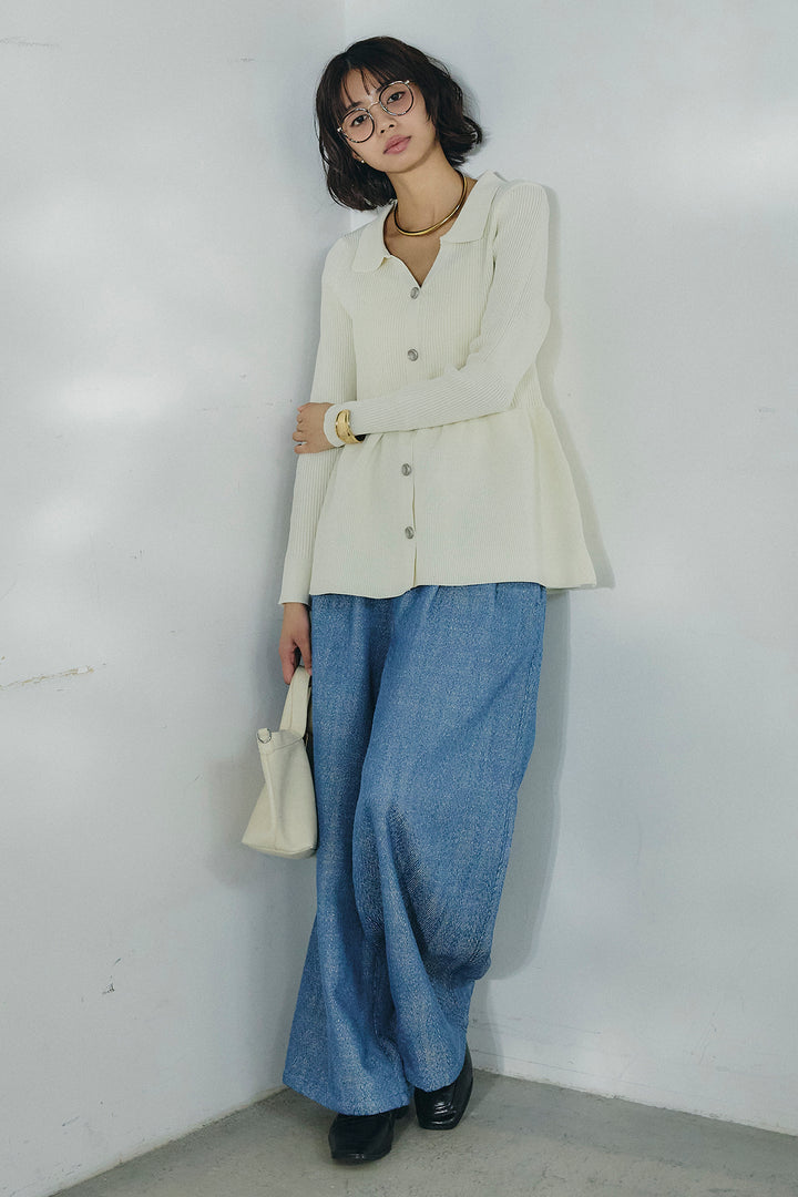 [SET]スキッパーペプラムニット+デニムライクヘリンボーンタックパンツ(2set)