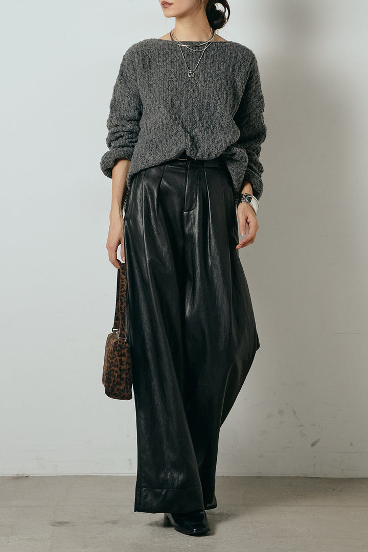 [SET]ボリューム編みニットプルオーバー+ベルト付きレザーライクタックパンツ(2set)