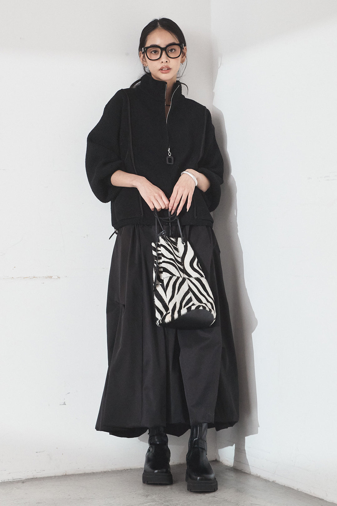 [SET]ハイネックパイピングデザインブルゾン+ランダムタックバルーンスカート(2set)