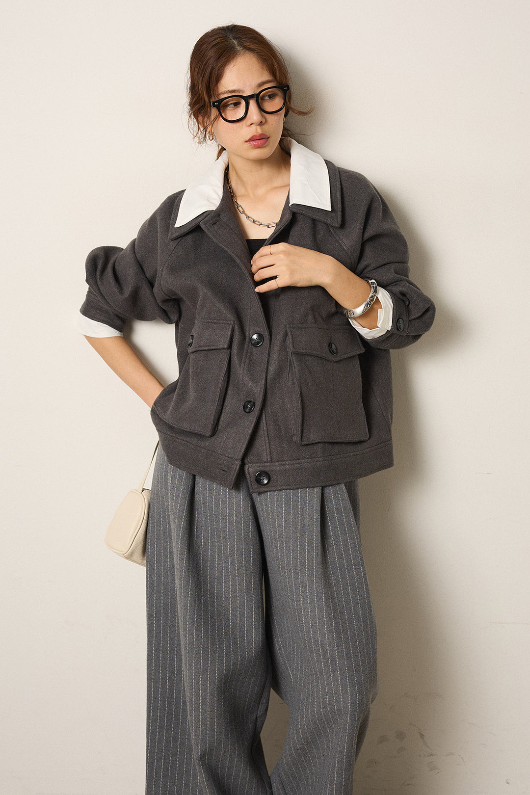 [SET]衿レイヤードフェイクウールジャケット+ウールライクストライプパンツ(2set)