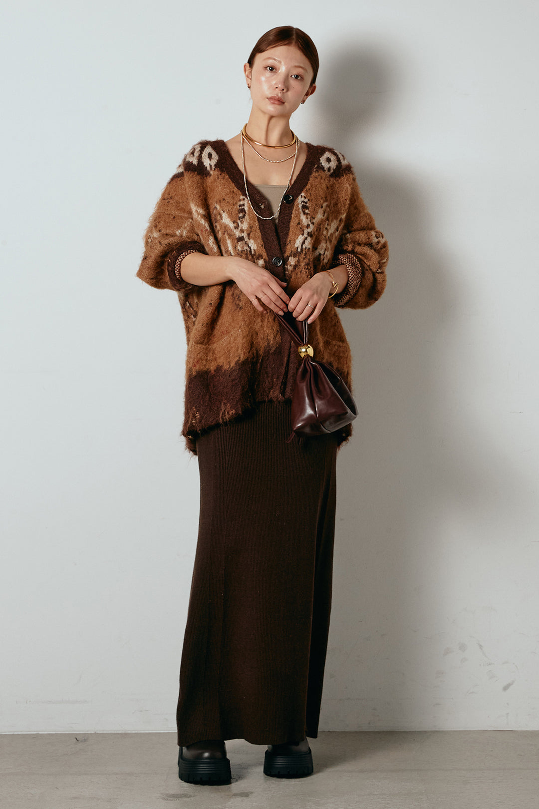 [SET]シャギーニュアンス柄ニットカーディガン+リブナローニットスカート(2set)