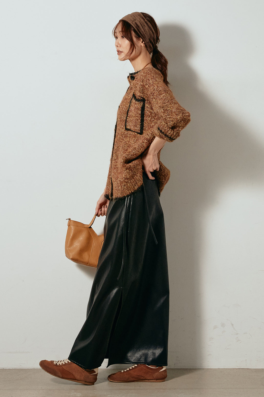 [SET]ミックスニットポケットカーディガン+紐付きフェイクレザーワイドスカート(2set)