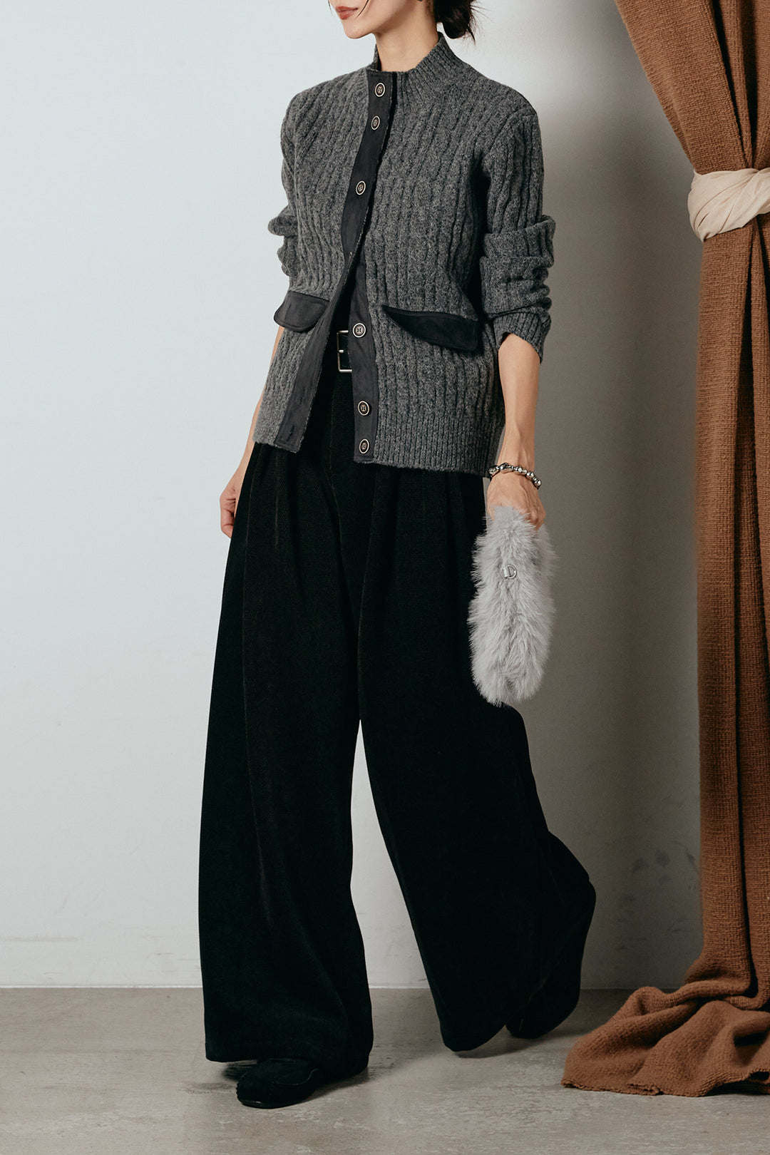 [SET]ボトルネックケーブルニットカーディガン+ベルトループコーデュロイワイドパンツ(2set)