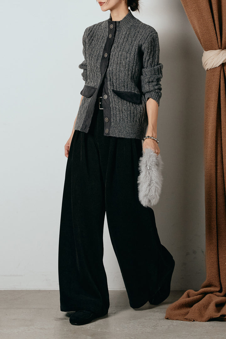[SET]ボトルネックケーブルニットカーディガン+ベルトループコーデュロイワイドパンツ(2set)