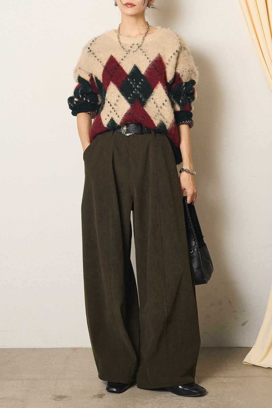 [SET]配色アーガイル柄ニットトップス+ベルト付きコーデュロイワイドパンツ(2set)