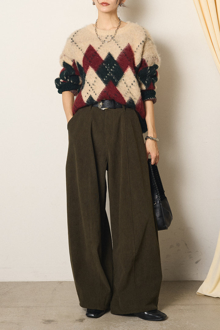 [SET]配色アーガイル柄ニットトップス+ベルト付きコーデュロイワイドパンツ(2set)