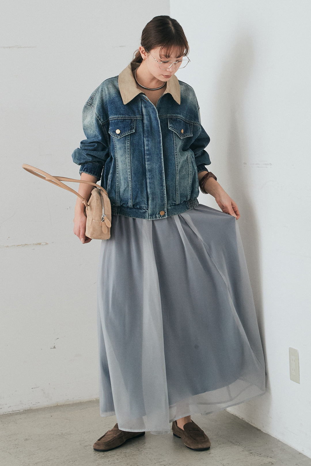 [SET]襟切り替えジップデニムジャケット+リラックスシアーフレアスカート(2set)