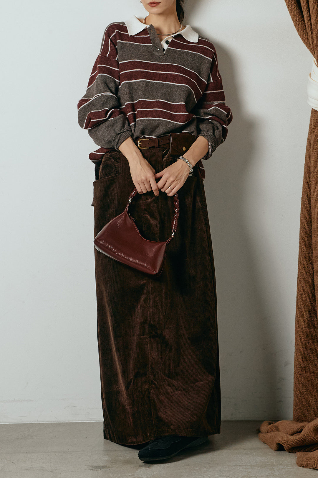 [SET]ラガーニットボーダーポロプルオーバー+ポーチベルト付きコーデュロイワイドスカート(2set)