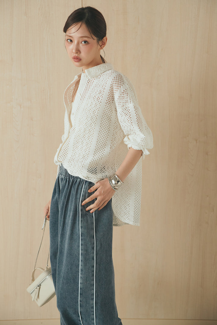 [SET]長袖襟付きレースシャツ+ドロストサイドラインデニムパンツ(2set)