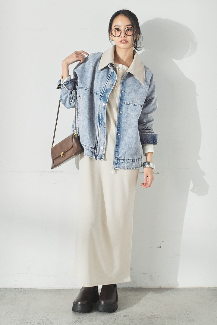 [SET]加工デニムレザー襟付きデニムブルゾン+カットリブレイヤードヘンリーネックワンピース(2set)