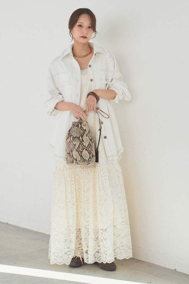 [SET]フリンジデニムジャケット+レース刺繍フレアキャミワンピース(2set)