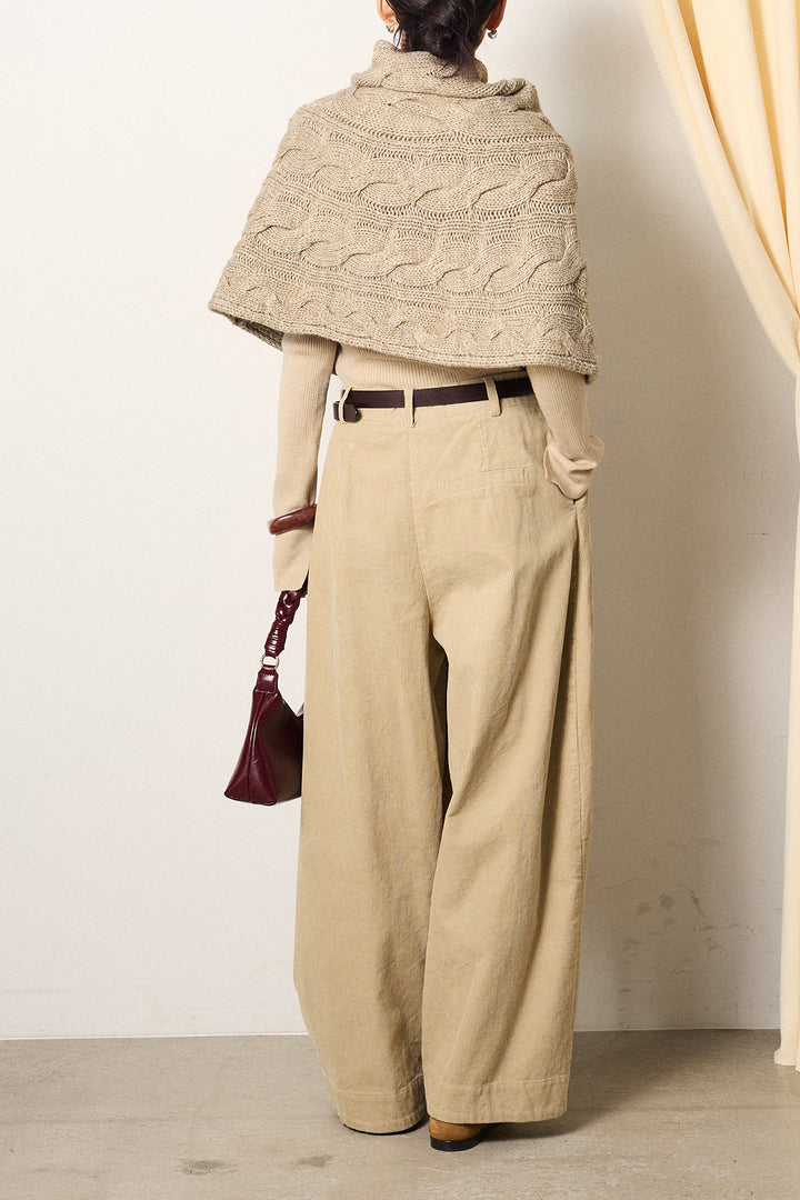 [SET]ケーブル編みケープレイヤードニット+タック入りコーデュロイワイドパンツ(2set)