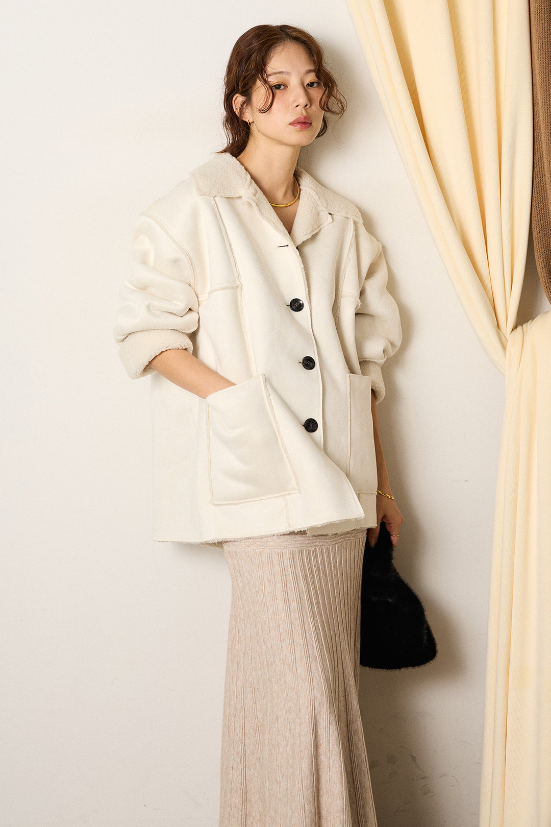 [SET]エコムートンカバーオール+編み地切り替えフレアニットスカート(2set)