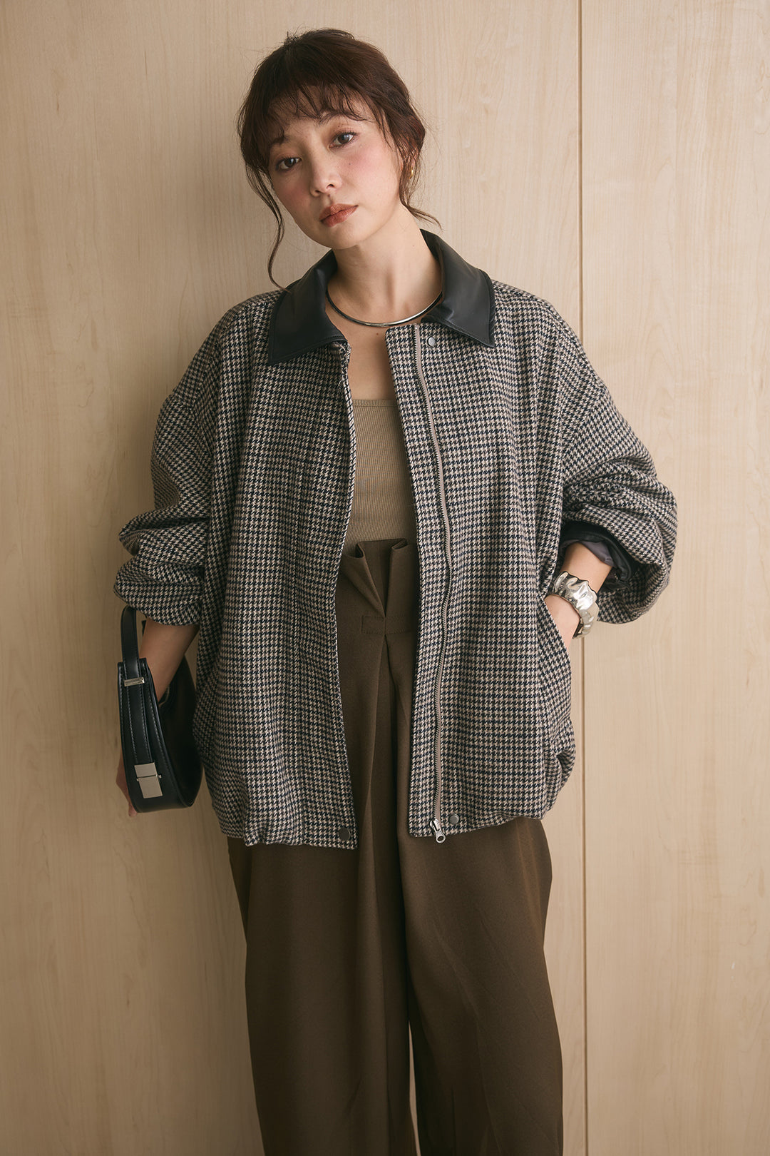 [SET]ツイードチェック合成衿ブルゾン+合皮サスペンダー付きサロペット(2set)