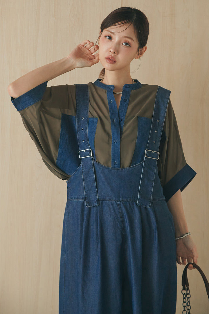 [SET]デニムライクビッグツーポケシアーシャツ+前後2WAYテンセルデニムサロペット(2set)