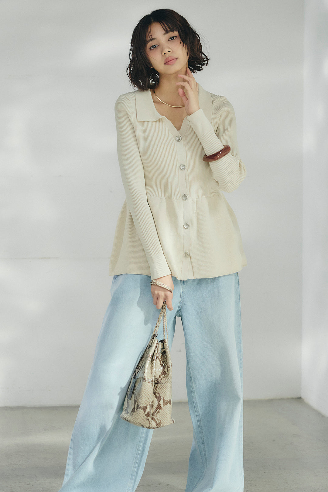 [SET]スキッパーペプラムニット+ウエスト裁ち切りデニムワイドパンツ(2set)