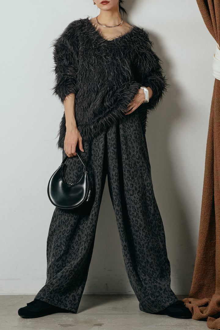 [SET]深Vネックシャギーニットトップス+リラックスレオパード柄ワイドパンツ(2set)