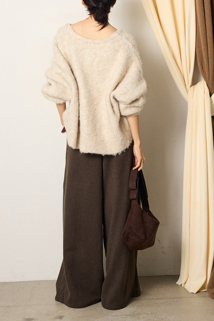 [SET]ウール混透かしロゴニットカーディガン+サイドベルトパンツ(2set)