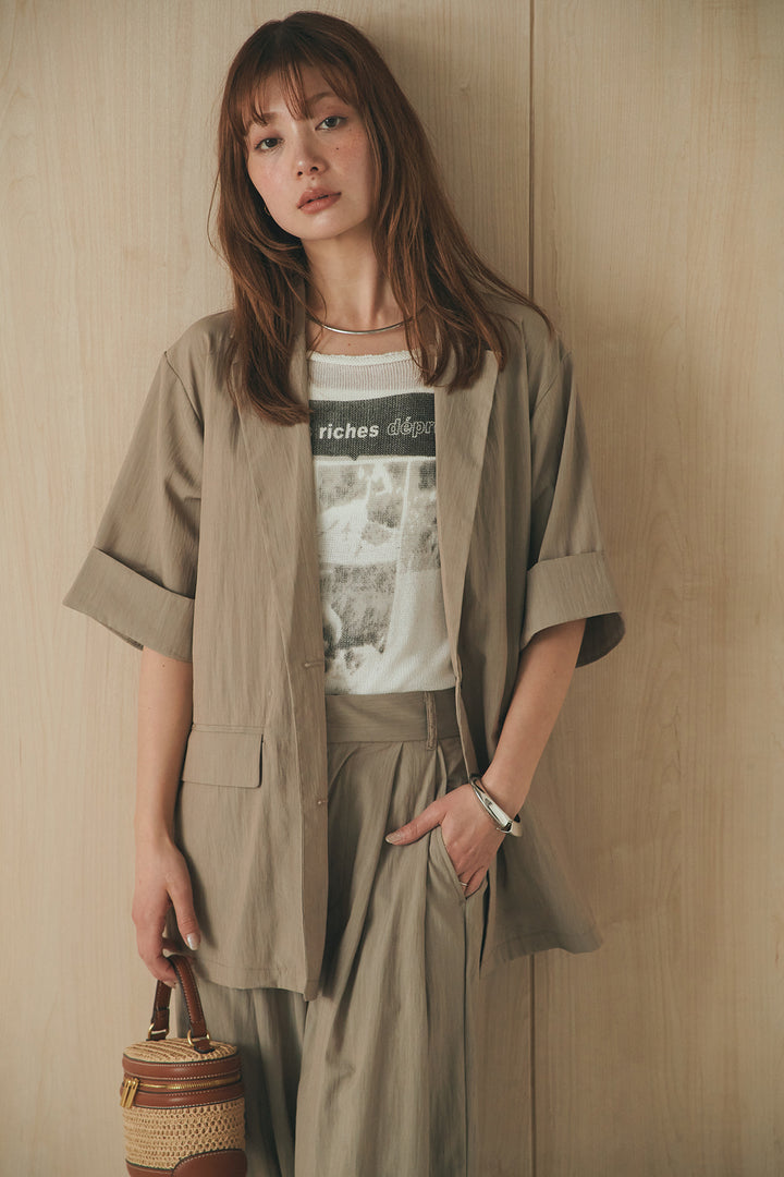 [SET]半袖モノトーングラフィックトップス+リネンライク2タックワイドパンツ(2set)