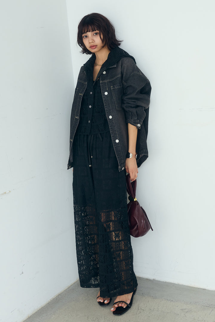 [SET]パッチワークレースショート丈フードシャツ+パッチワークレースイージーパンツ(2set)