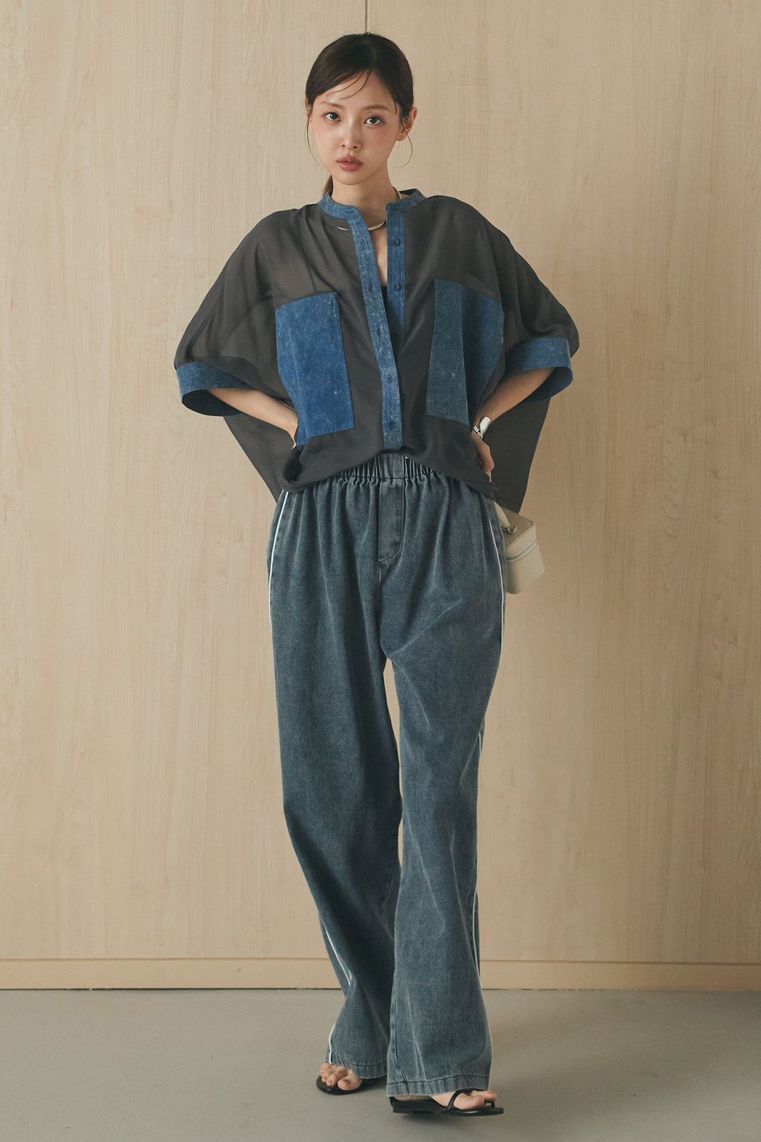 [SET]デニムライクビッグツーポケシアーシャツ+ドロストサイドラインデニムパンツ(2set)