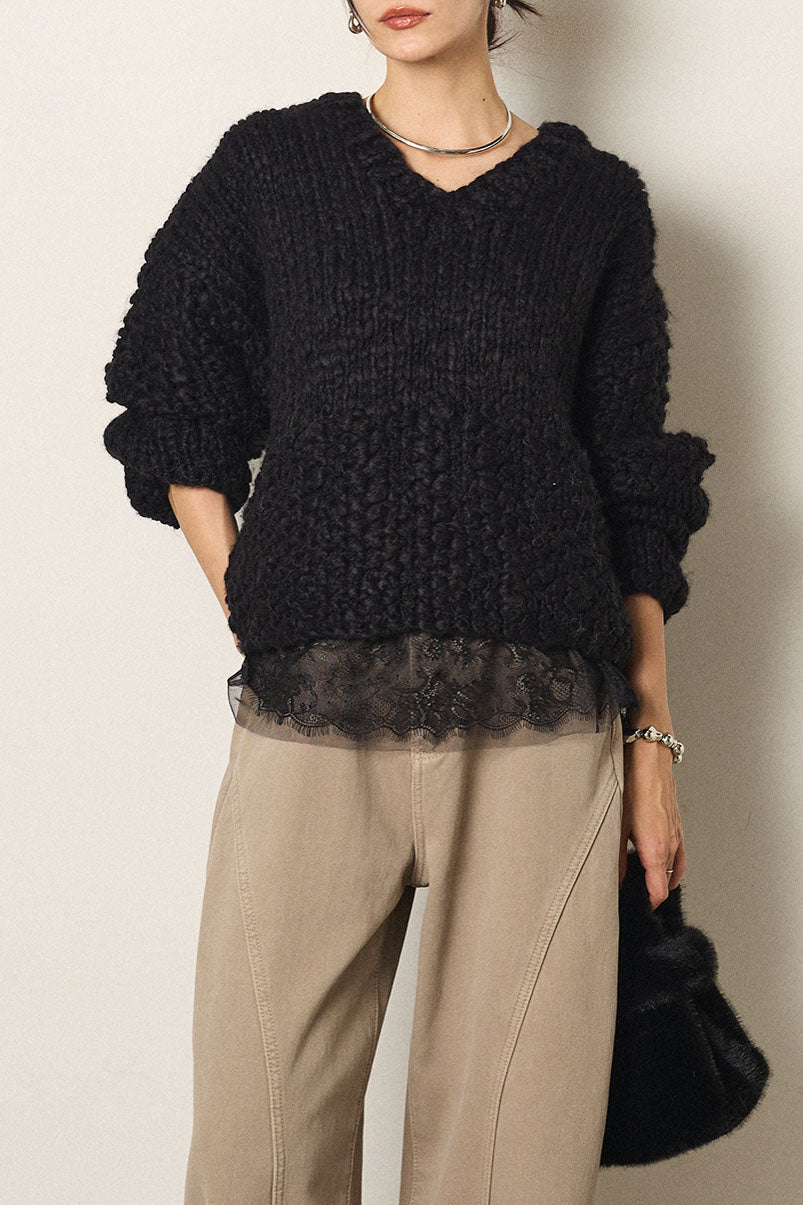 [SET]Vネックハンド編みニットトップス+レース切り替えキャミソール(2set)