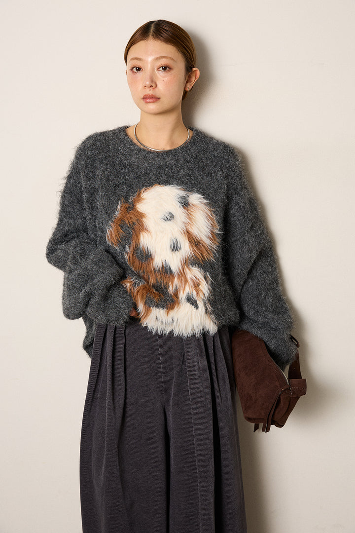 [SET]シャギーニュアンスアニマルニット+ベルトループコーデュロイワイドパンツ(2set)