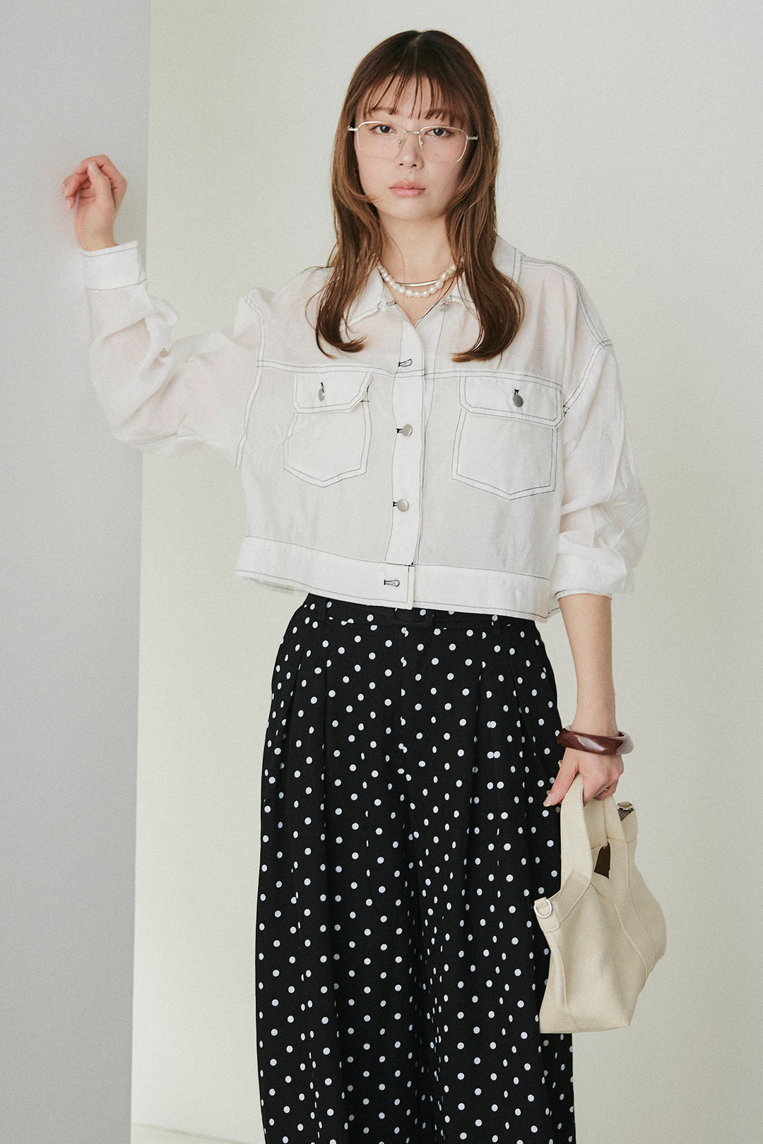 [SET]配色ステッチシアーシャツ+ベルト付きドット柄ワイドパンツ(2set)