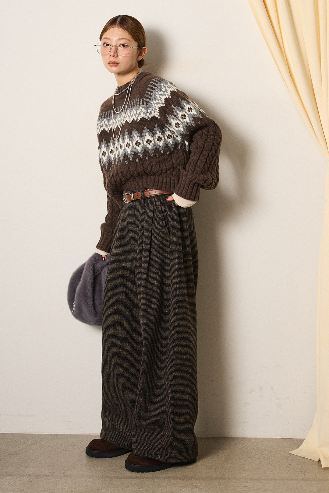 [SET]2WAY求心柄ジャガードショートカーディガン+起毛タック入りツイードワイドパンツ(2set)