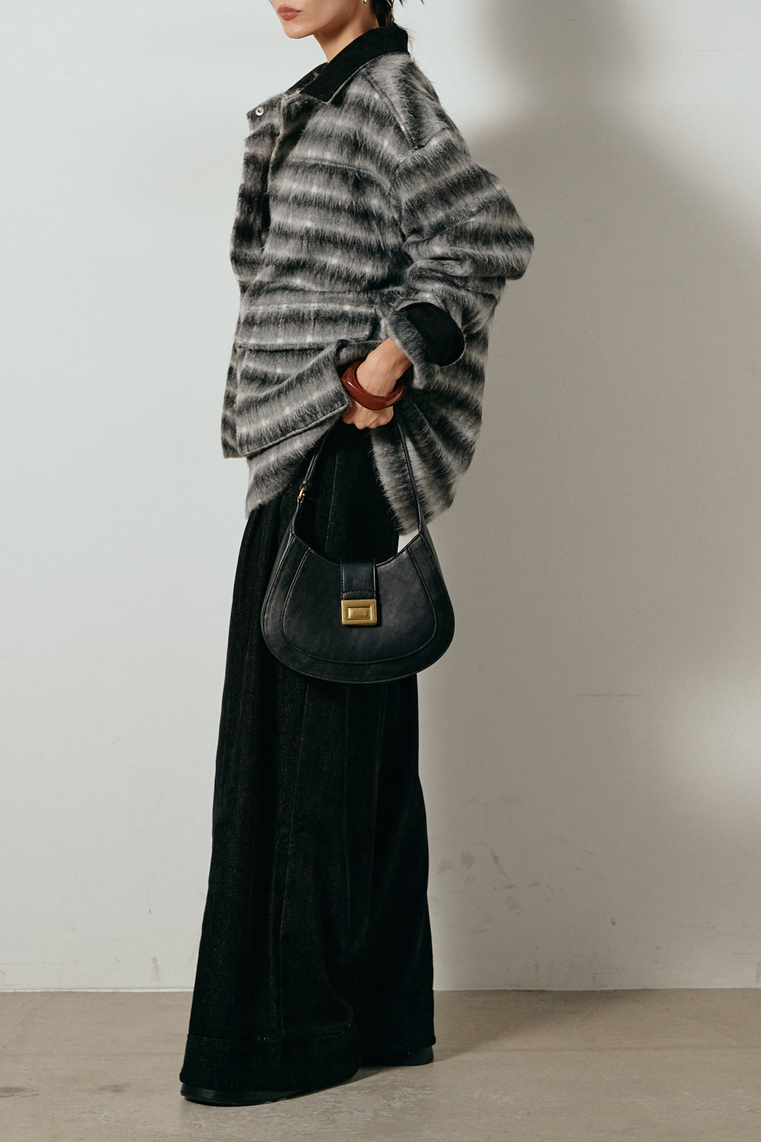 [SET]チェックシャギーミドルカバーオール+フェイクレザーベルト付きスウェードライクワイドパンツ(2set)