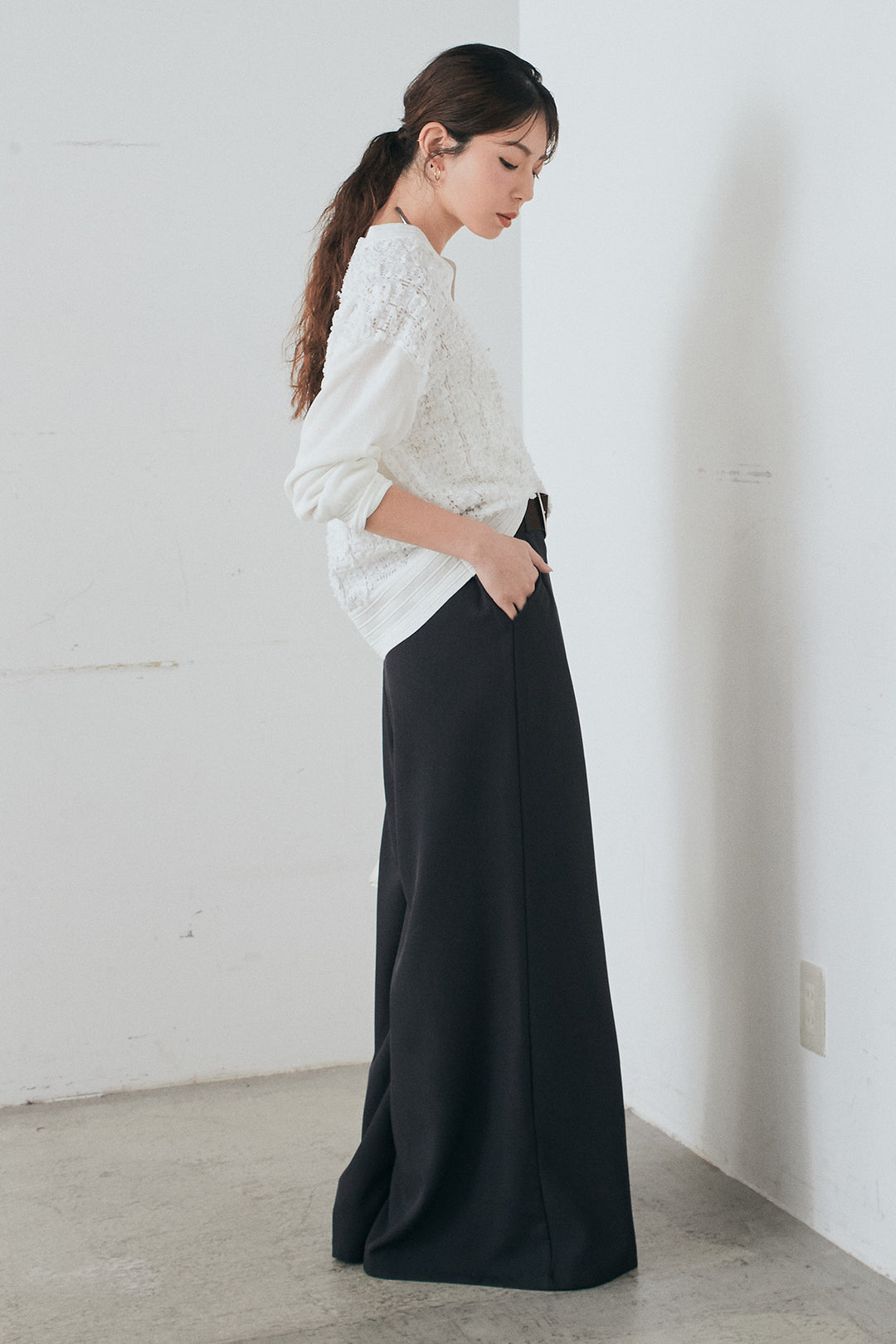 [SET]モコレースVネックカーディガン+太ベルト付きフロントタックパンツ(2set)