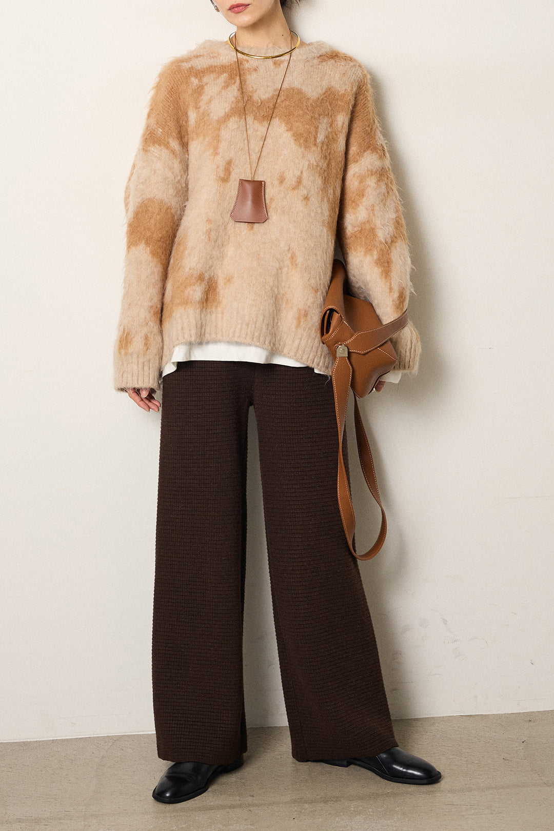 [SET]モヘアタッチマーブルニット+ワイドリブニットイージーパンツ(2set)