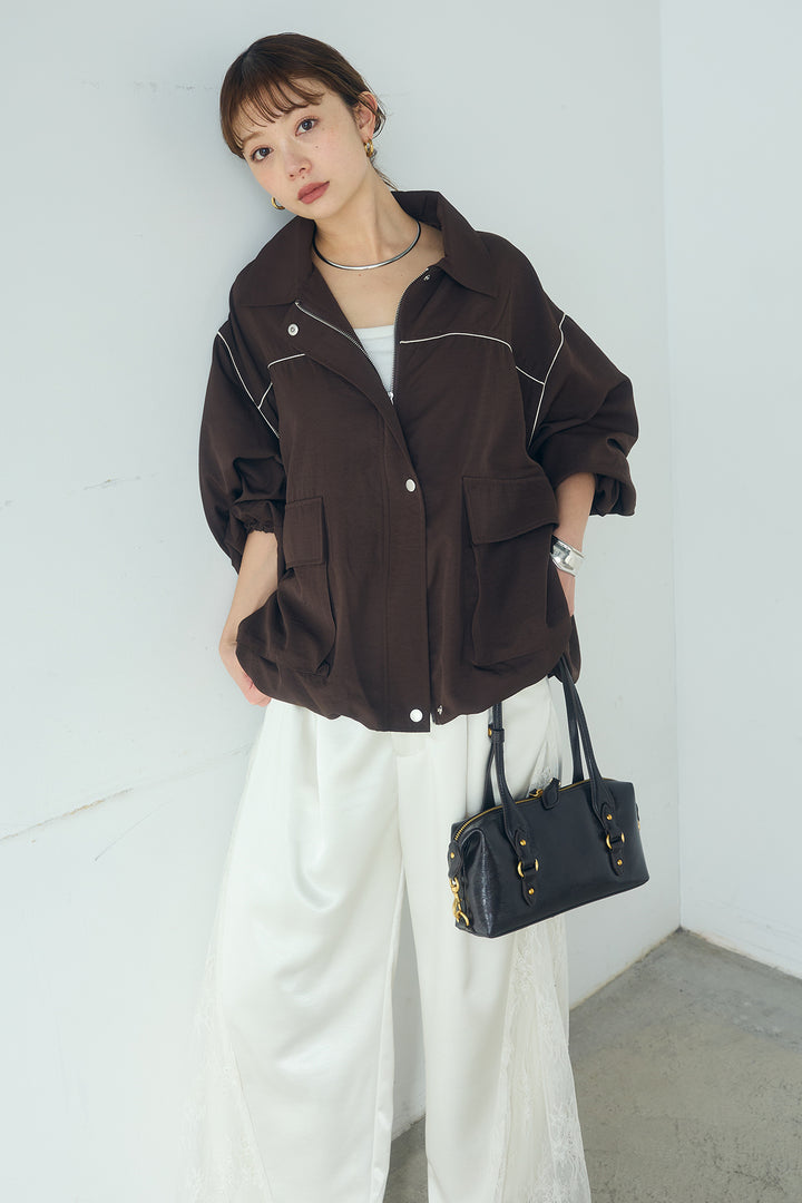 [SET]合繊ツイルバルーンジャケット+サテンレース切り替えタックパンツ(2set)