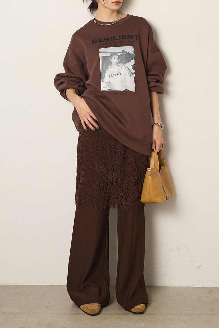 [SET]モノトーンプリントスウェット+レース刺繍レイヤードフレアパンツ(2set)