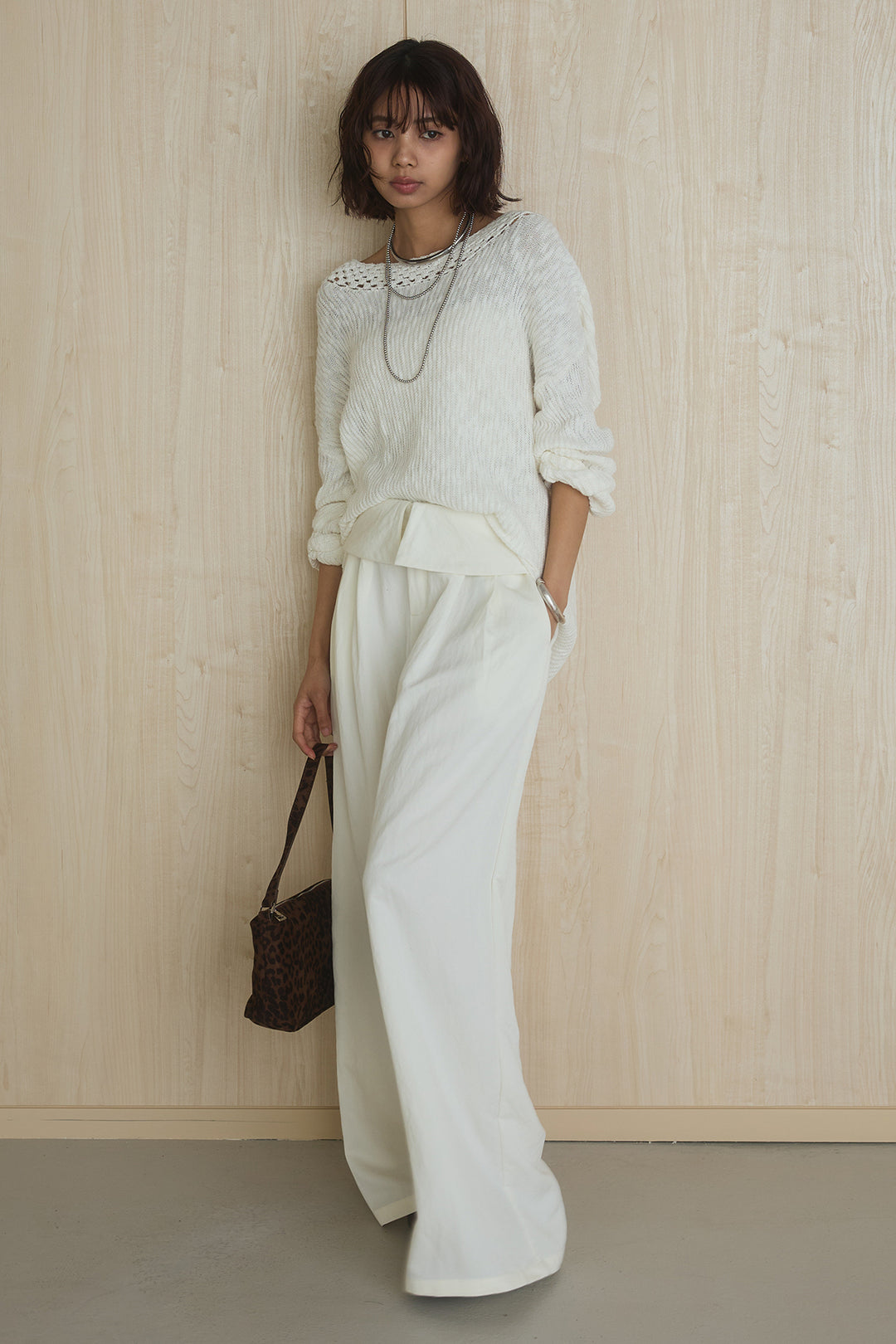 [SET]ネック編みデザインニットトップス+ウエスト折り返しワイドパンツ(2set)