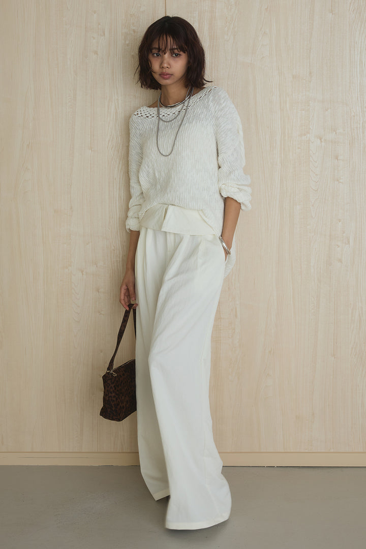 [SET]ネック編みデザインニットトップス+ウエスト折り返しワイドパンツ(2set)
