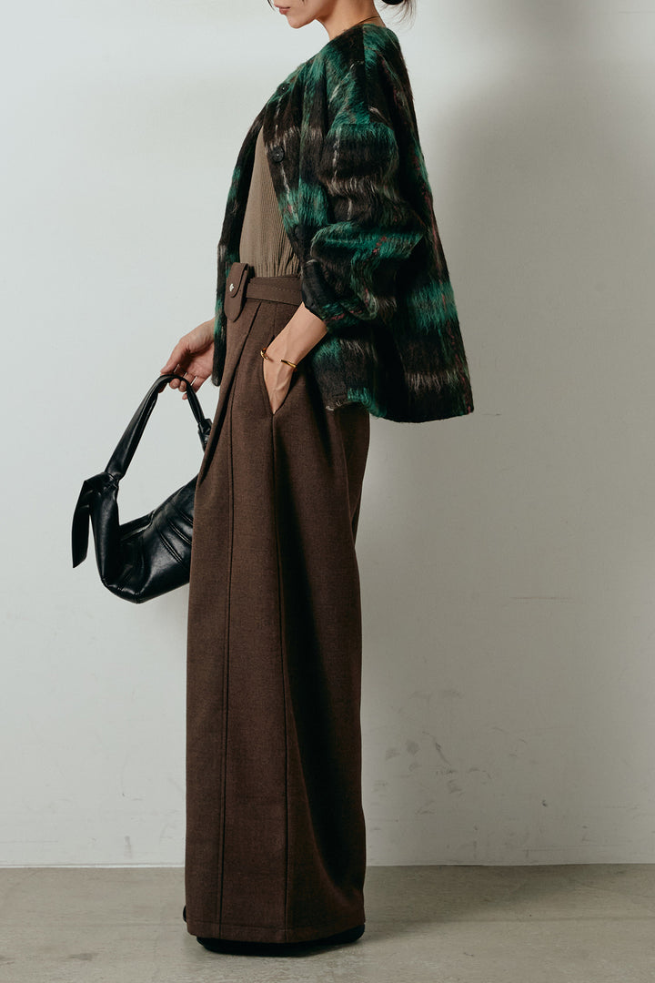 [SET]ノーカラーシャギーチェックアウター+ポーチベルト付きカーブパンツ(2set)